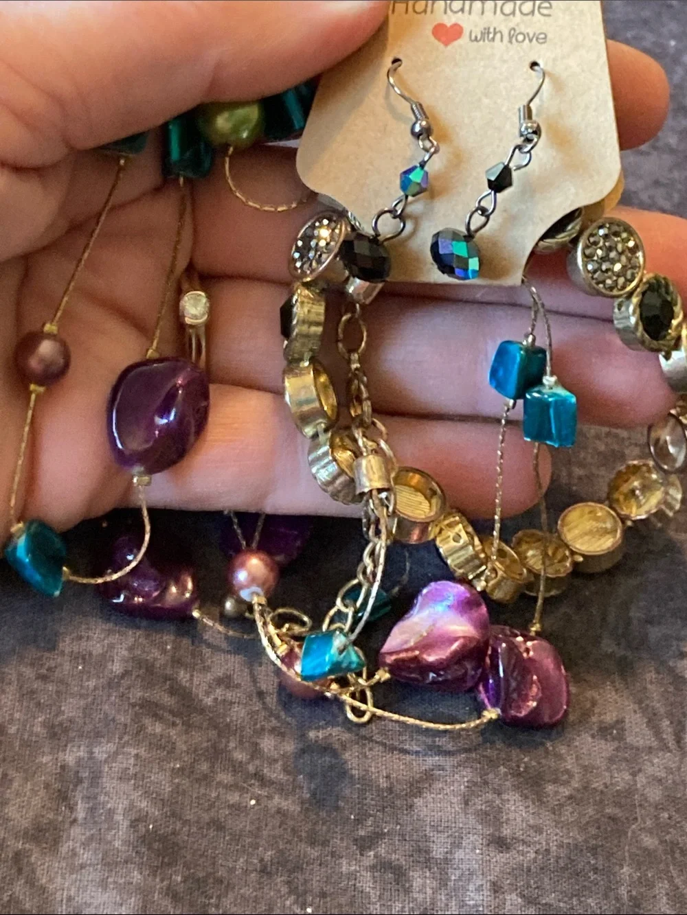 Purple & Teal Beaded Necklace with Gold Bracelet Set & Earrings